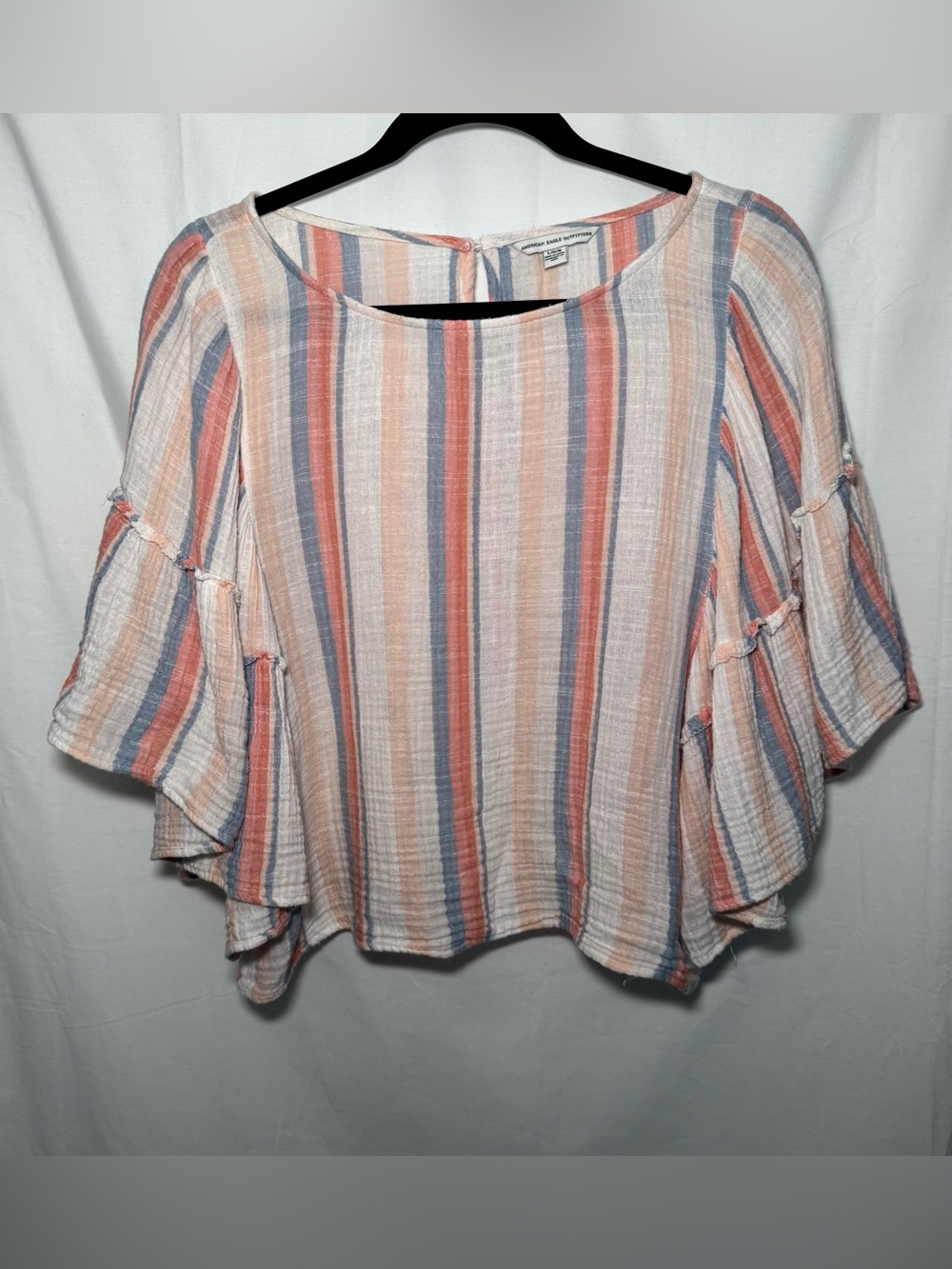 American Eagle Striped Cotton Gauze Angel Bell Sleeve Crop Top Blouse Boho M